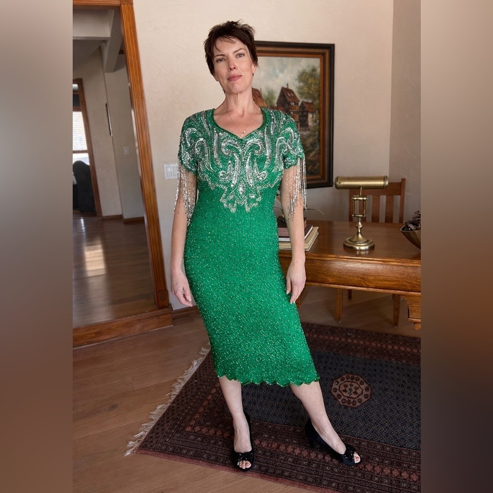 💚 Vintage Beaded Silk Fringe Dress | Art Deco Glam | Temptations 💚